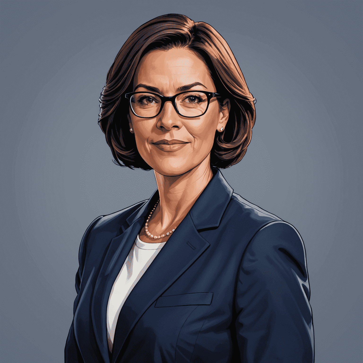 Portrait of Sarah Johnson, CEO of Empower Invest USA. A confident woman in her 40s with short dark hair and glasses, wearing a navy blue blazer.