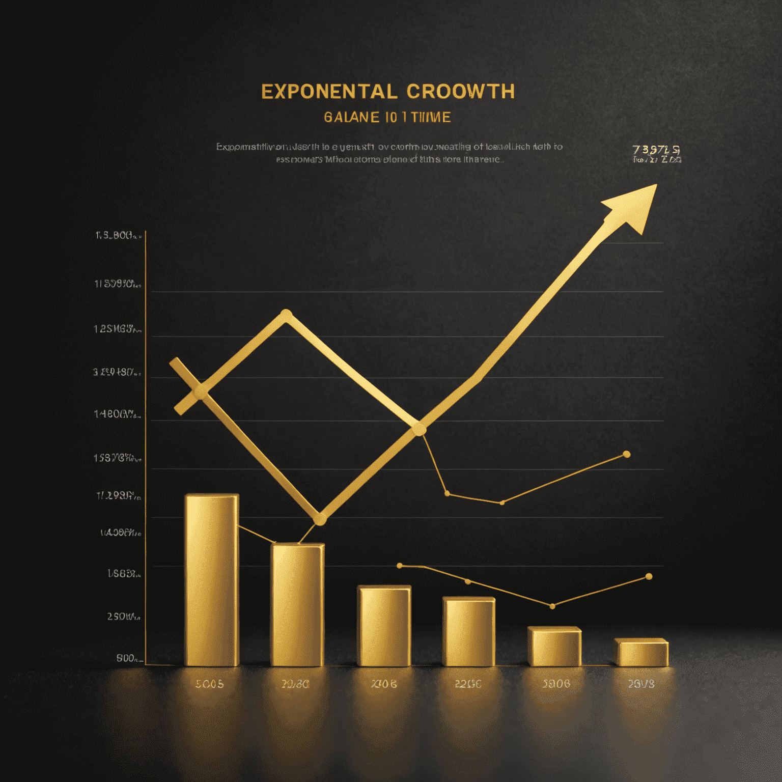 A graph showing exponential growth of wealth over time due to compound interest, with an upward trending golden line against a dark background