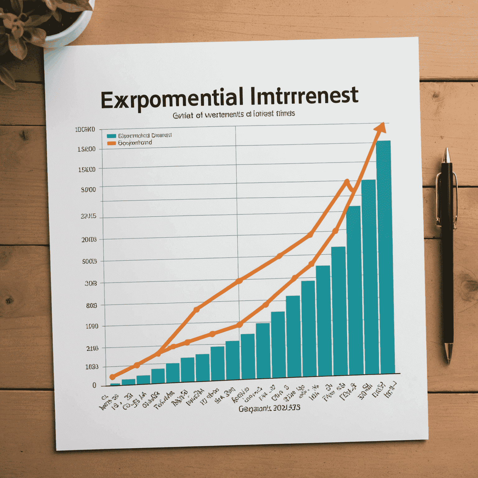 A chart showing exponential growth of investments over time due to compound interest. The graph has an upward curve that becomes steeper as time progresses, illustrating the accelerating effect of compound interest.