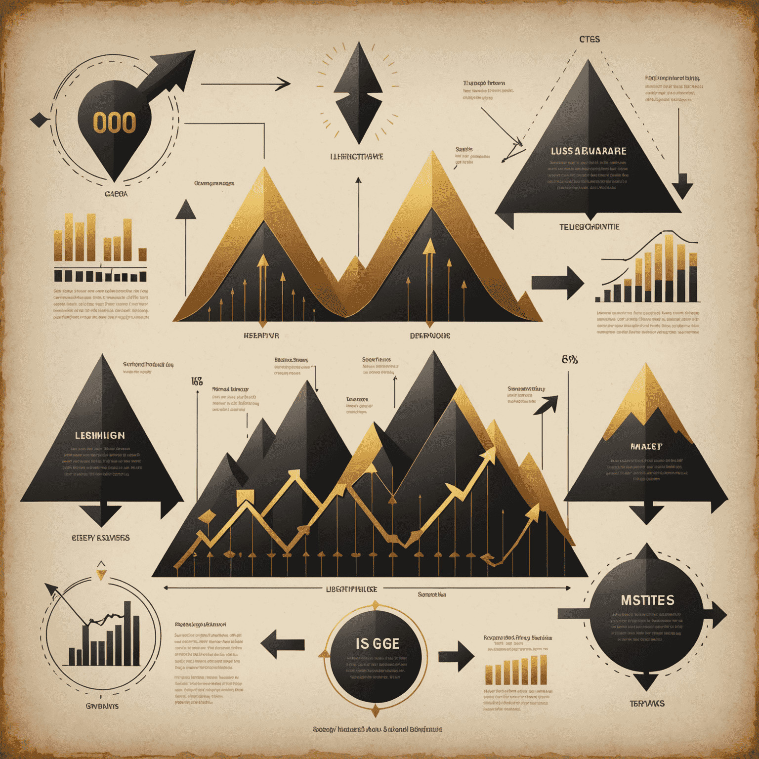 Illustration showing various stages of market cycles with arrows indicating ups and downs, featuring gold and dark tones