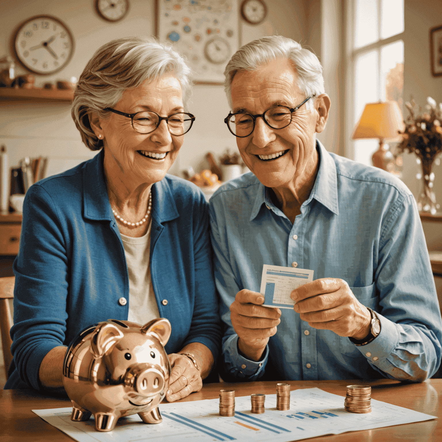 An illustration showing a happy retired couple enjoying their golden years, with financial charts and a piggy bank in the background, symbolizing successful retirement planning