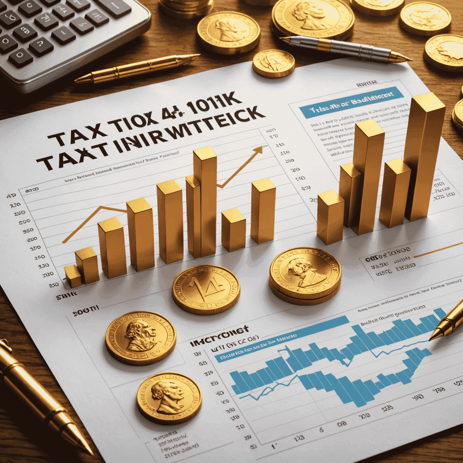 Illustration showing various tax-efficient investing methods such as 401(k)s, IRAs, and index funds, with gold coins and upward trending graphs