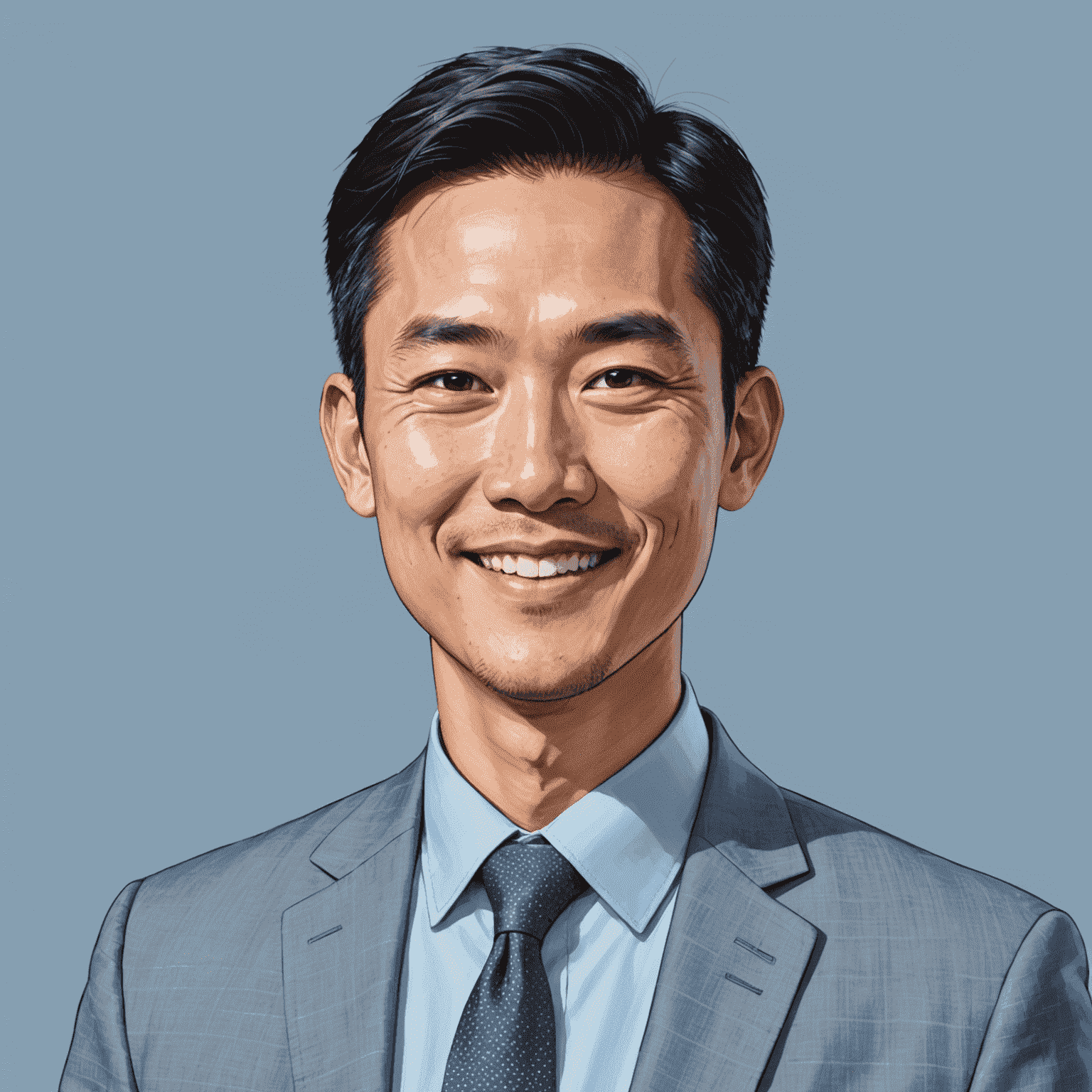 Portrait of Michael Chen, Chief Investment Officer. An Asian man in his 30s with a friendly smile, wearing a light blue shirt and grey jacket.