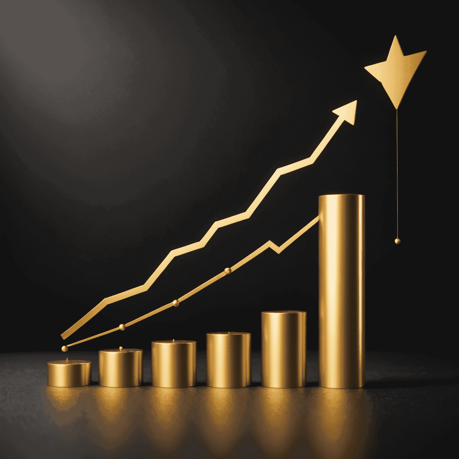 A graph showing exponential growth of wealth over time due to compound interest, with a golden line rising sharply upwards against a dark background