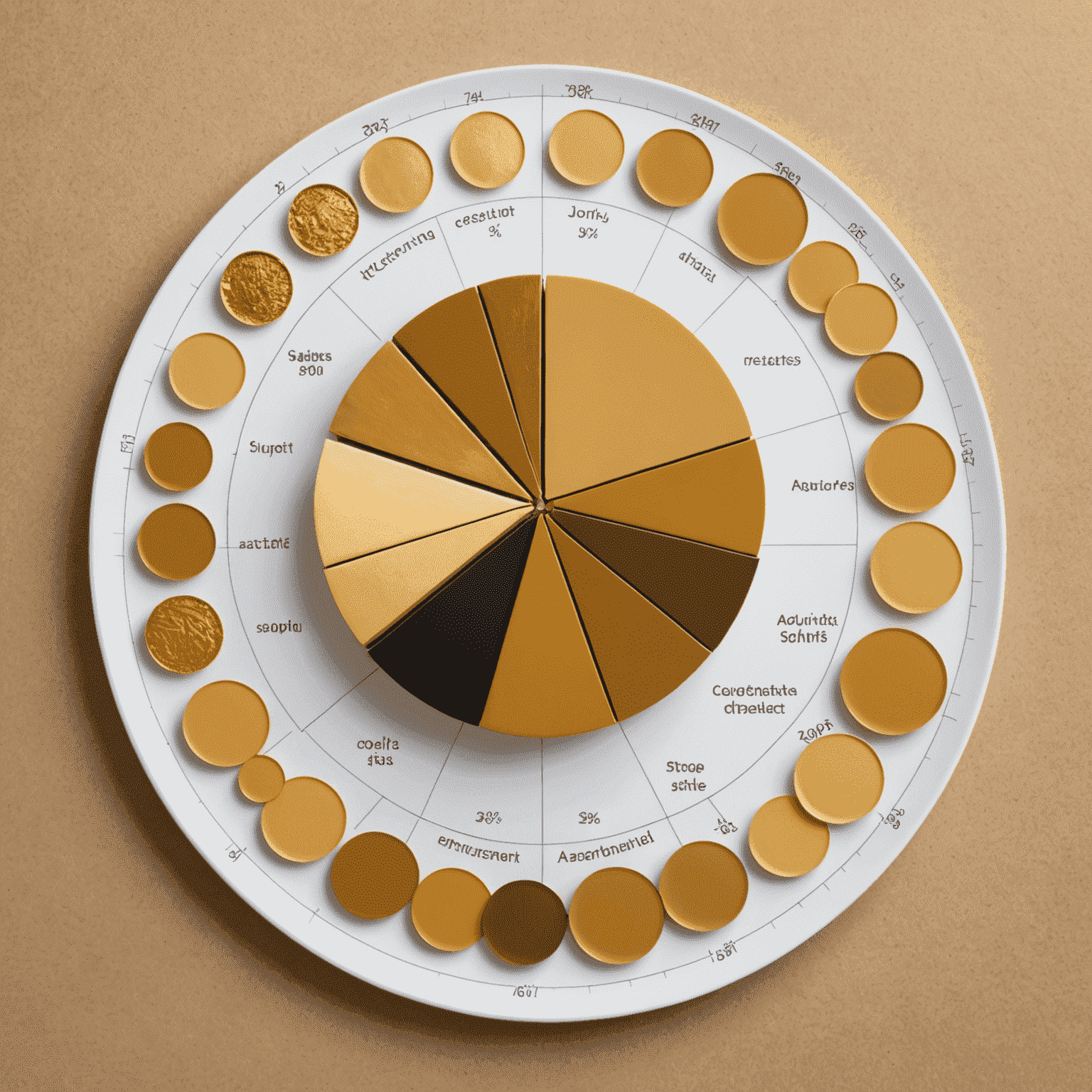 A pie chart showing various asset classes in different shades of gold, representing a well-diversified investment portfolio