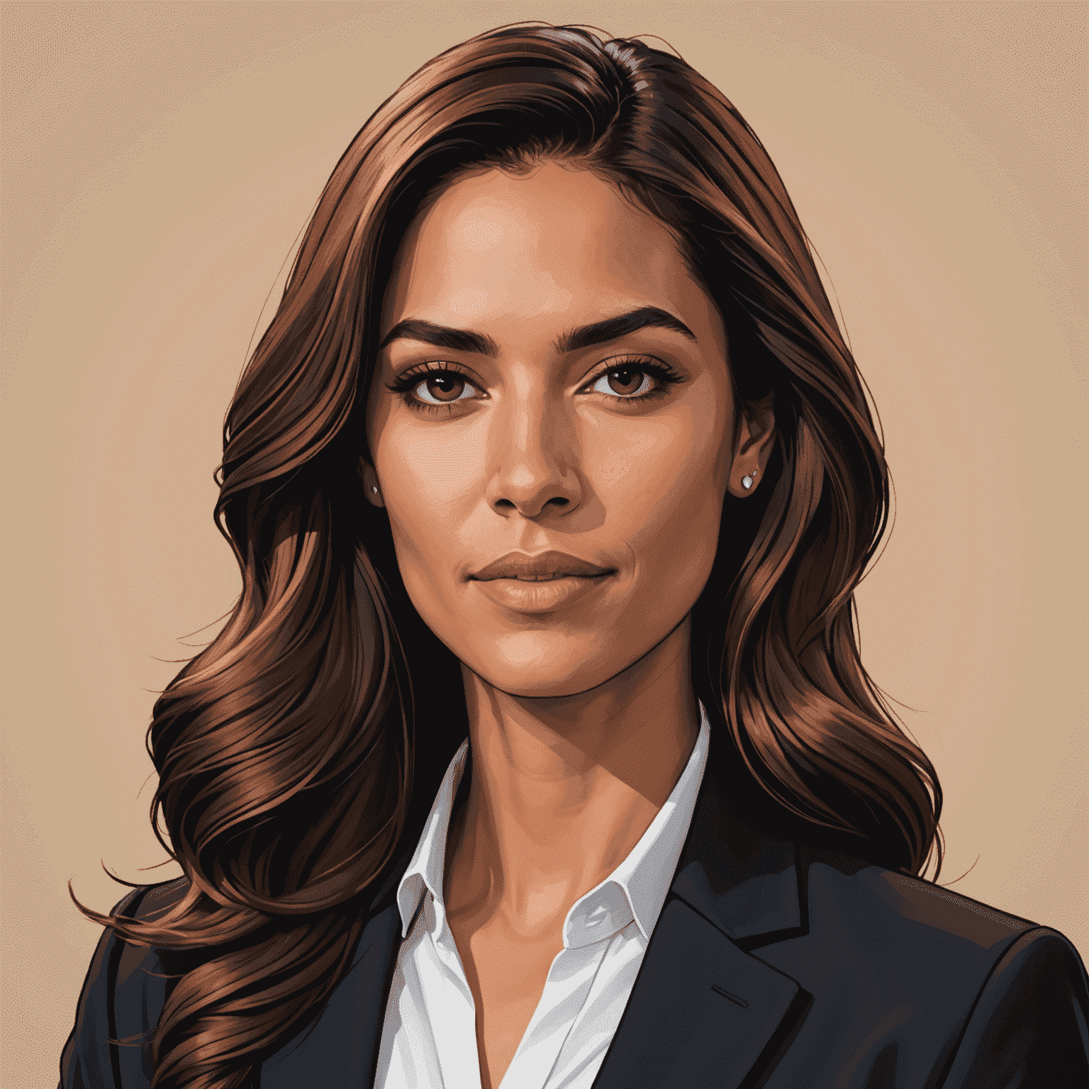 Portrait of Alicia Rodriguez, Head of Client Relations. A Latina woman in her late 20s with long brown hair, wearing a white blouse and black blazer.