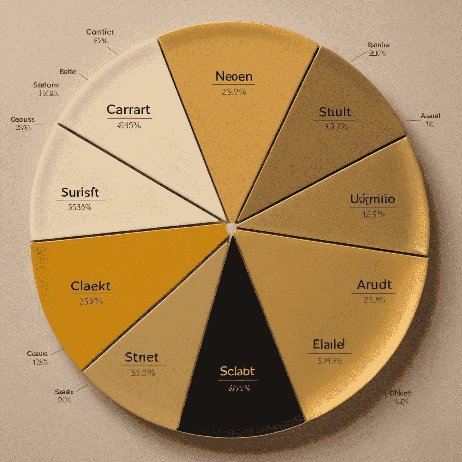 A pie chart showing various asset classes in different gold shades, representing a well-diversified investment portfolio
