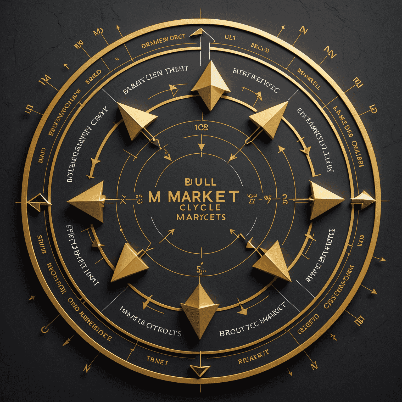 A circular diagram showing different phases of market cycles with arrows, using gold and dark colors to represent bull and bear markets