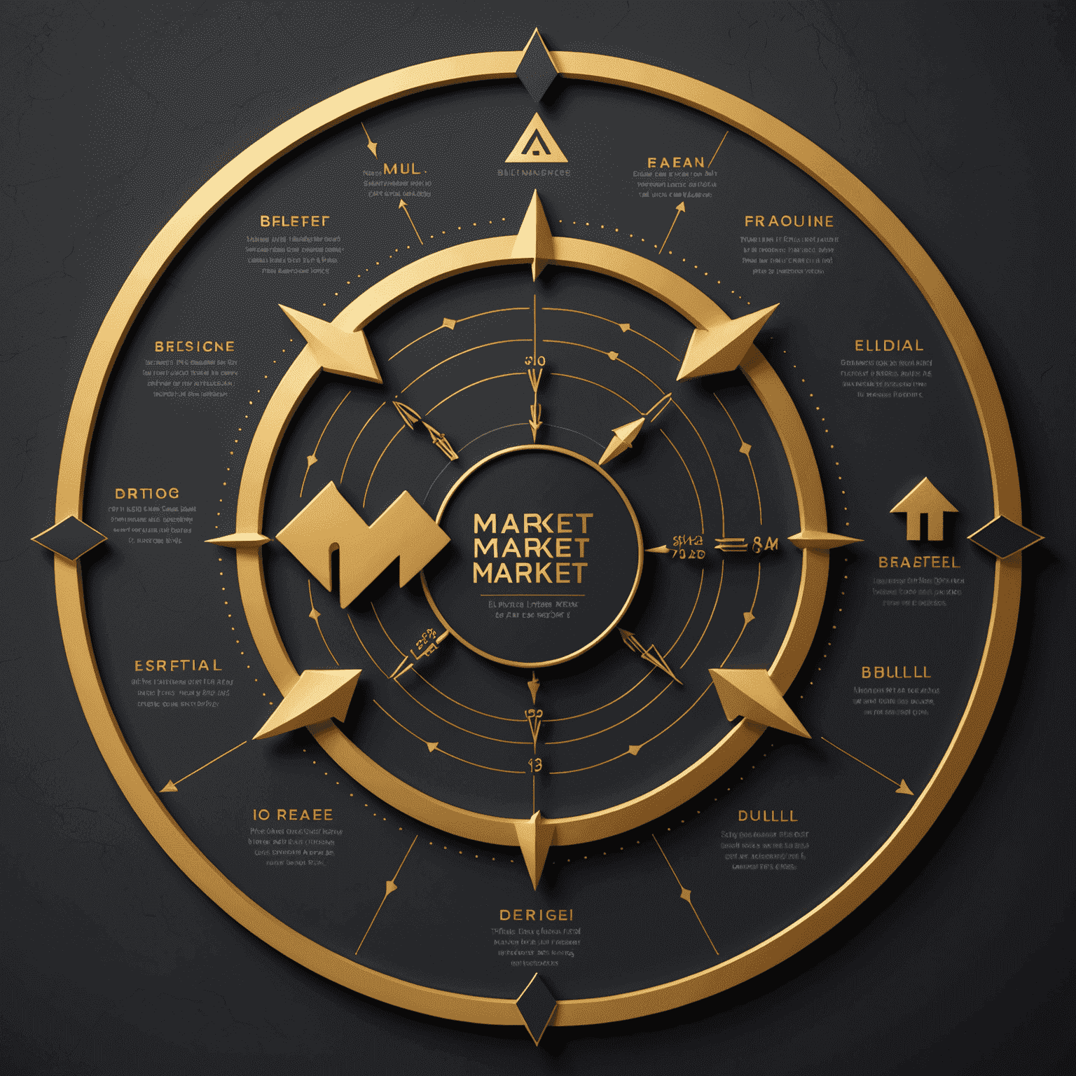 A circular diagram showing different phases of market cycles with arrows, using gold and dark colors to represent bull and bear markets